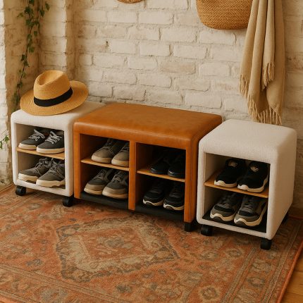 Zem Evora Puf/Bench Seti Ayakkabılık, Beyaz/Taba Deri